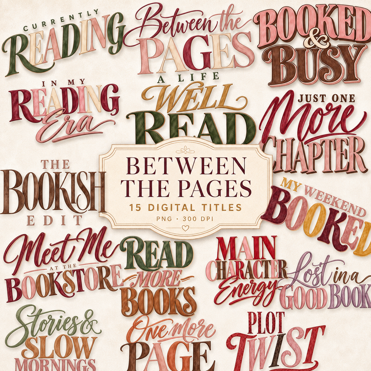 Between the Pages Digital Titles & Word Art | Book Lover Scrapbook PNGs | 15 Designs