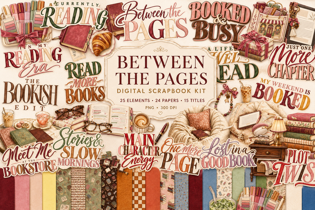 Between the Pages Digital Scrapbook Kit | Book Lover & Reading Scrapbook Bundle