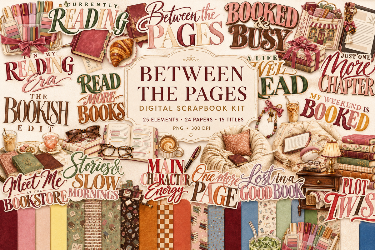 Between the Pages Digital Scrapbook Kit | Book Lover & Reading Scrapbook Bundle