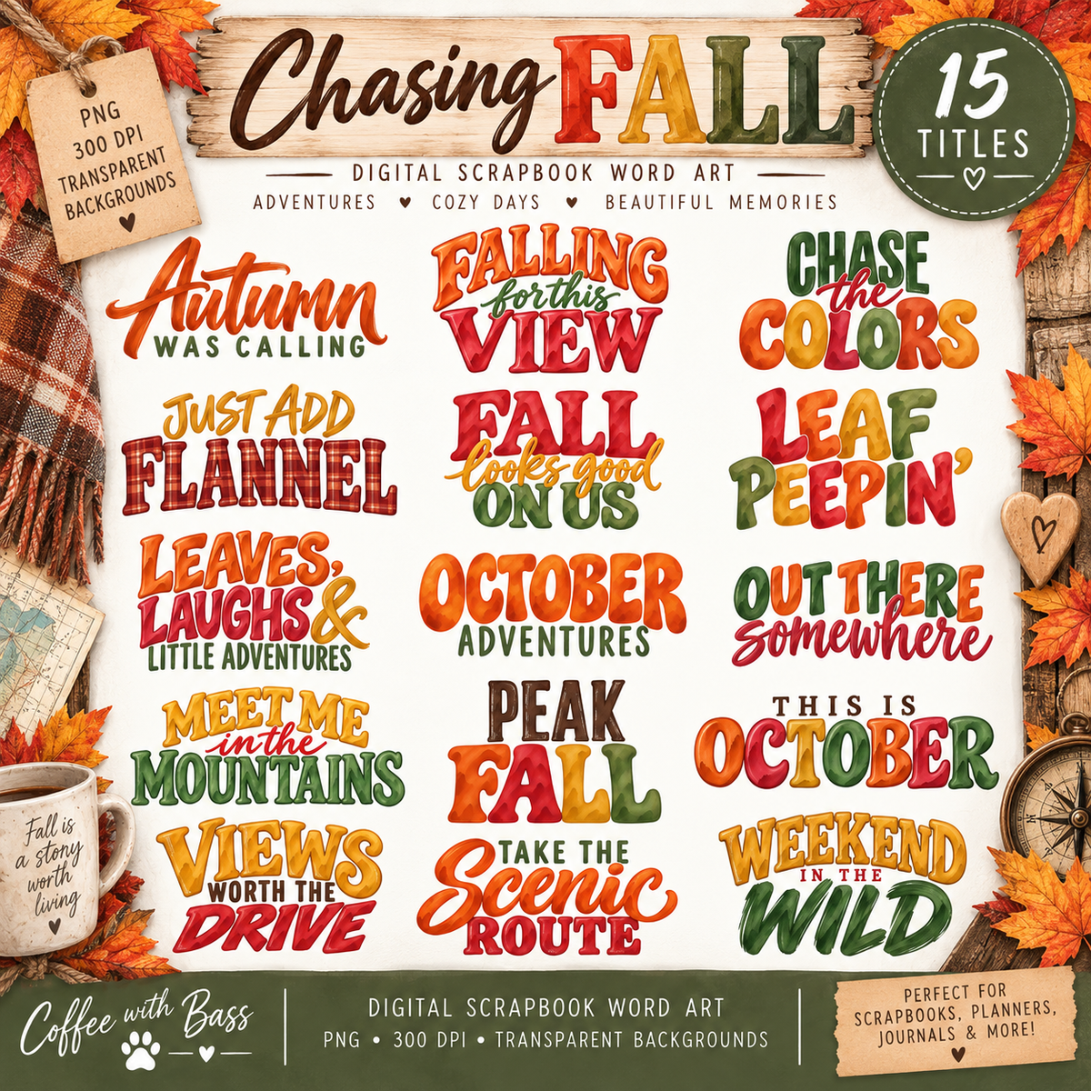 Chasing Fall Titles | 15 Autumn Scrapbook Word Art PNGs