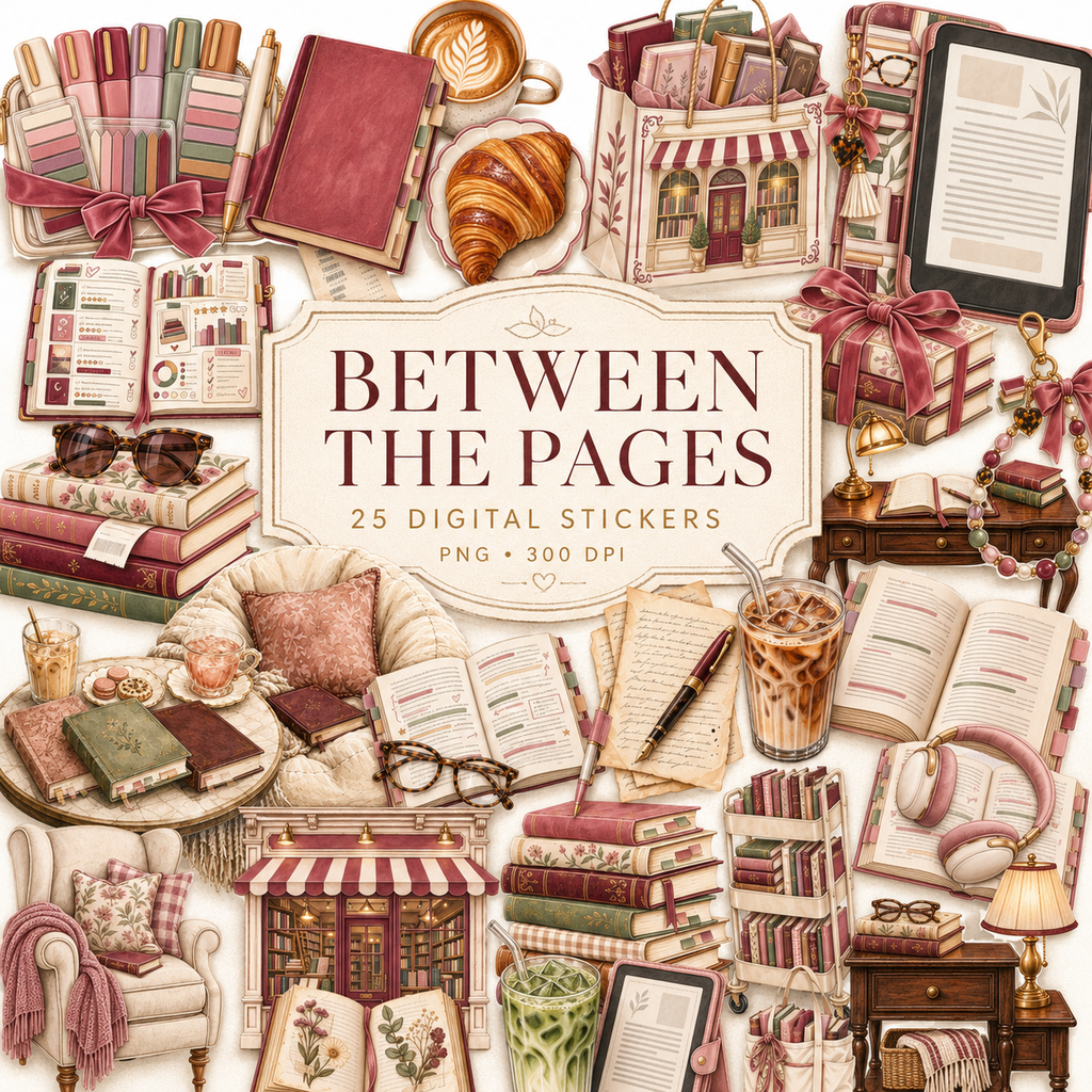 Between the Pages Digital Scrapbook Elements | Book Lover Clipart | 25 PNG Elements