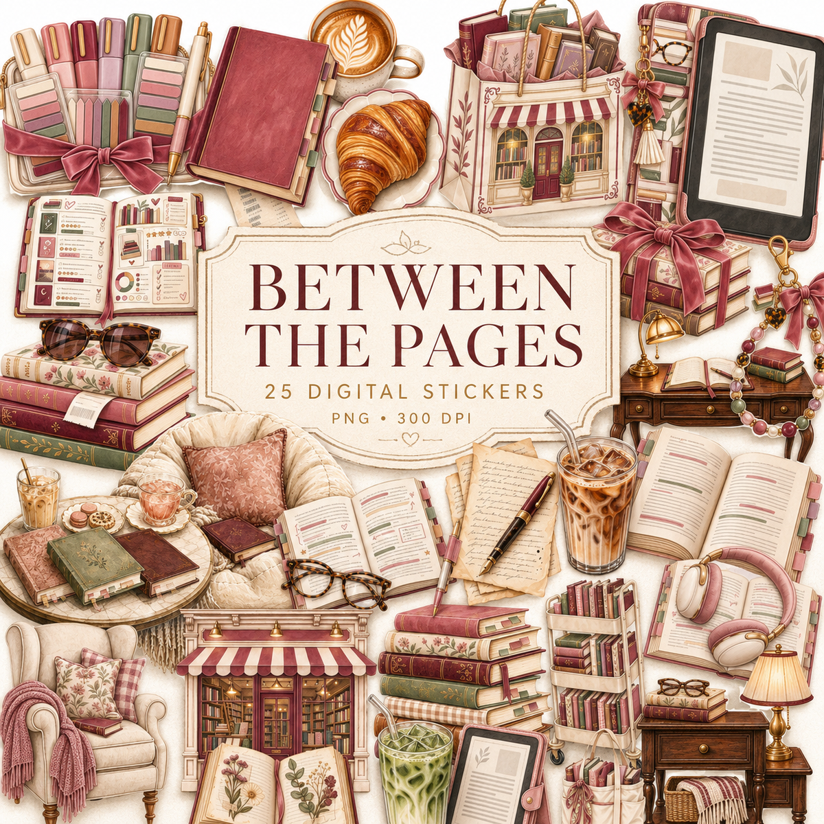 Between the Pages Digital Scrapbook Elements | Book Lover Clipart | 25 PNG Elements