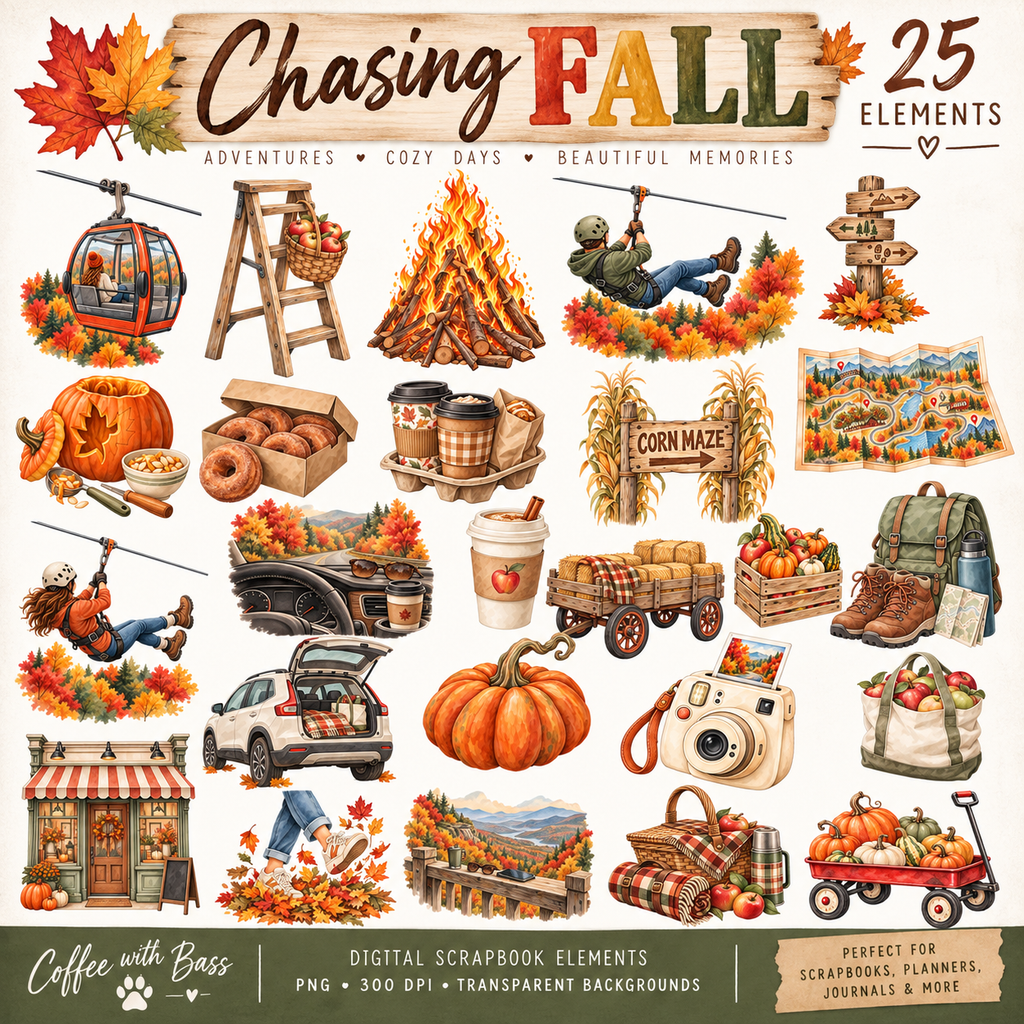 Chasing Fall Elements | 25 Autumn Digital Scrapbook PNGs
