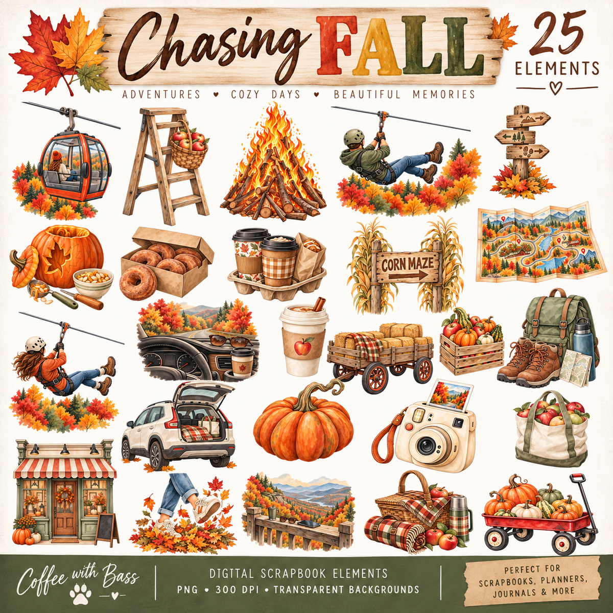 Chasing Fall Elements | 25 Autumn Digital Scrapbook PNGs