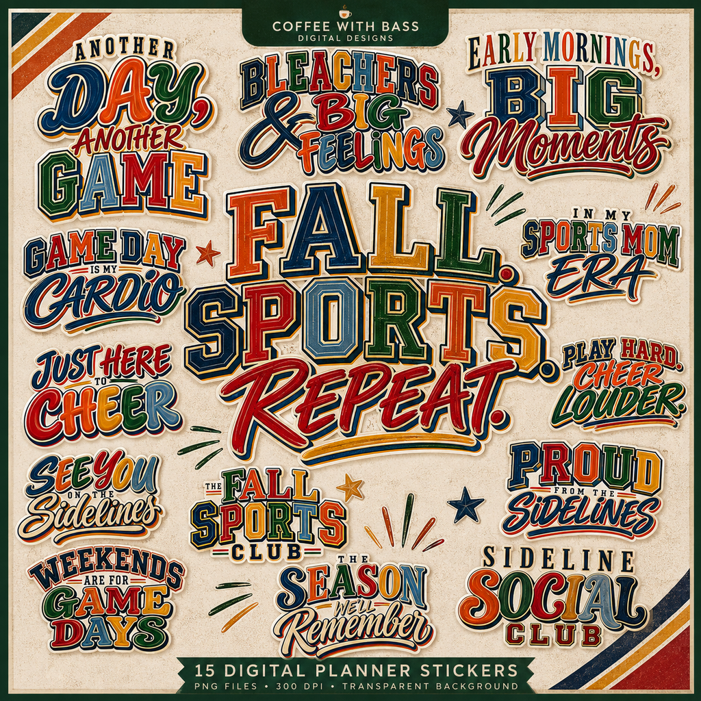 Sideline Season Digital Titles & Word Art | Sports Scrapbook PNGs | 15 Designs