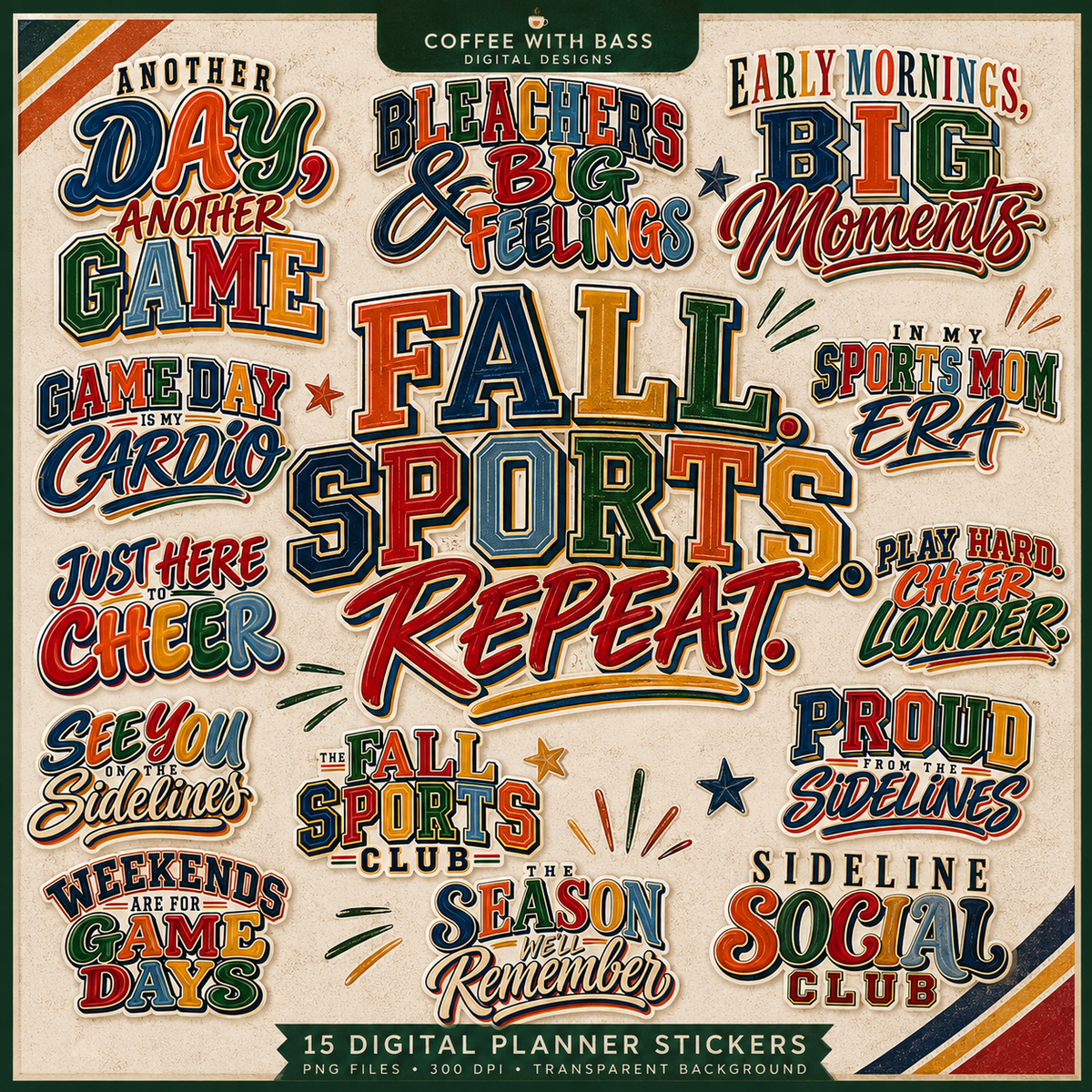 Sideline Season Digital Titles & Word Art | Sports Scrapbook PNGs | 15 Designs