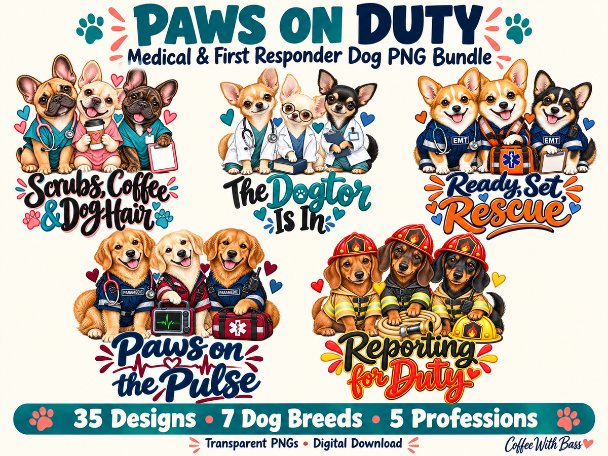Paws on Duty – Medical & First Responder Dog PNG Bundle | 35 Designs