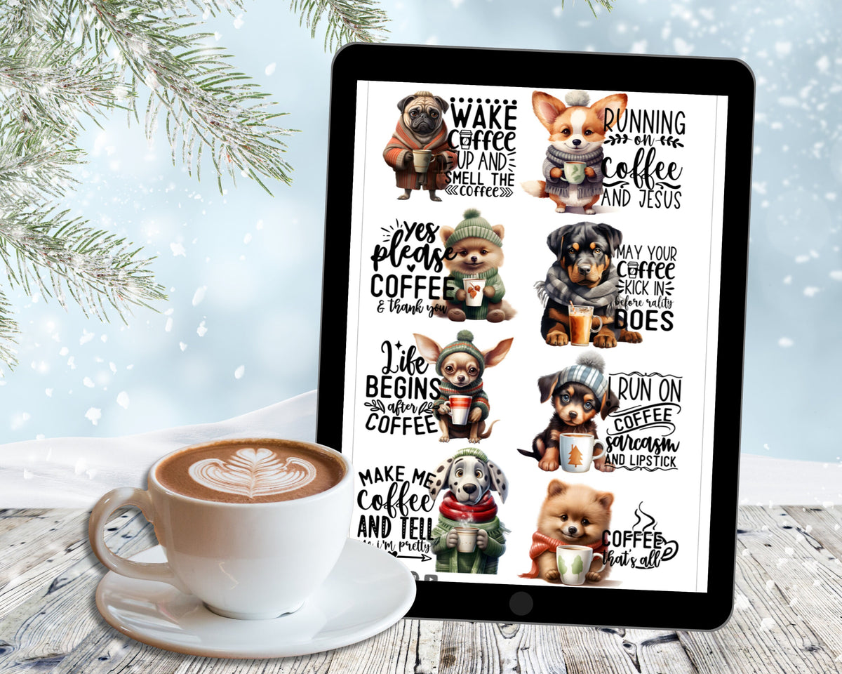 Dog Coffee Christmas Stickers, Goodnotes PNG (Digital Download) | Commercial Use