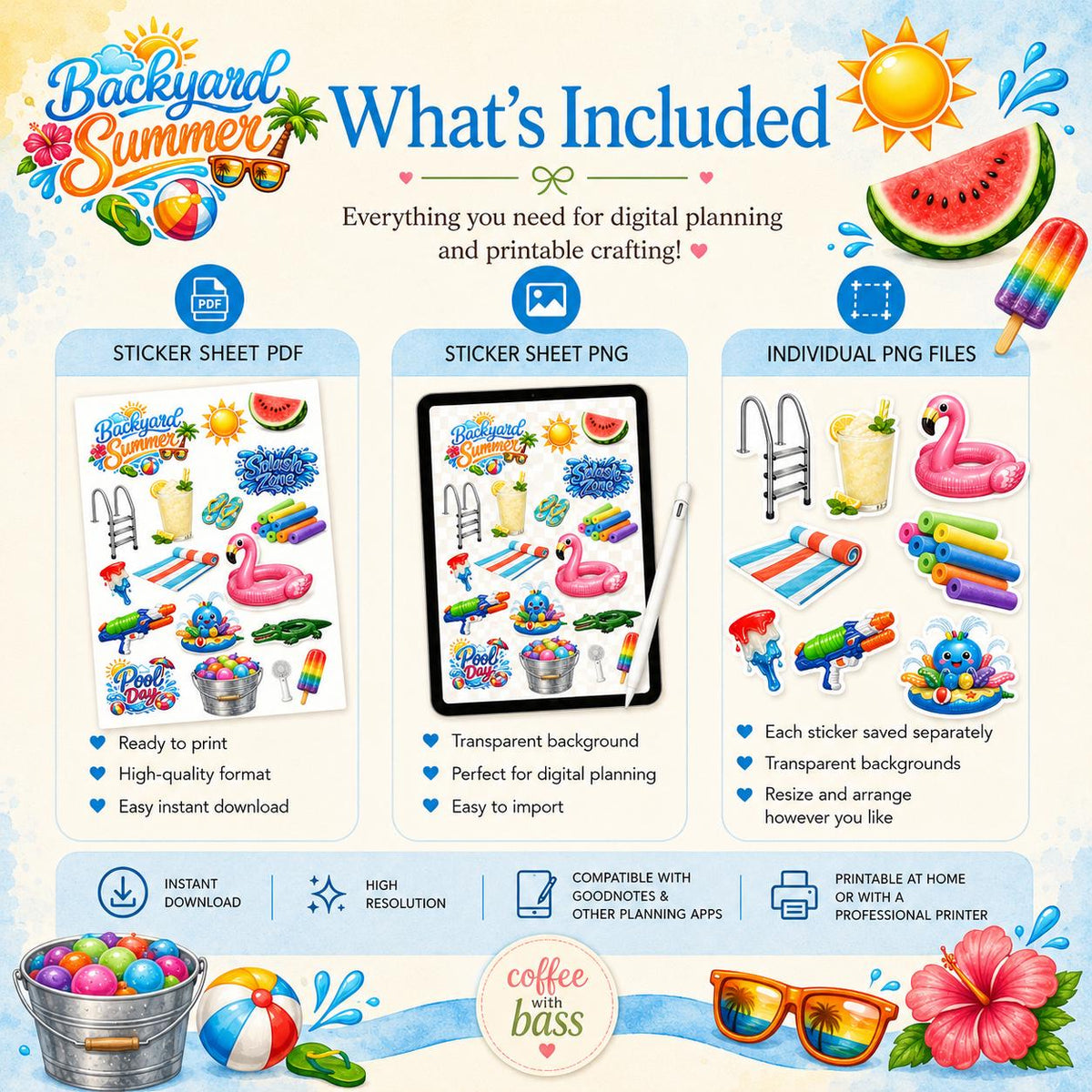 Backyard Summer Planner Stickers | Pool Day, Vacation Fun (PNG, PDF)