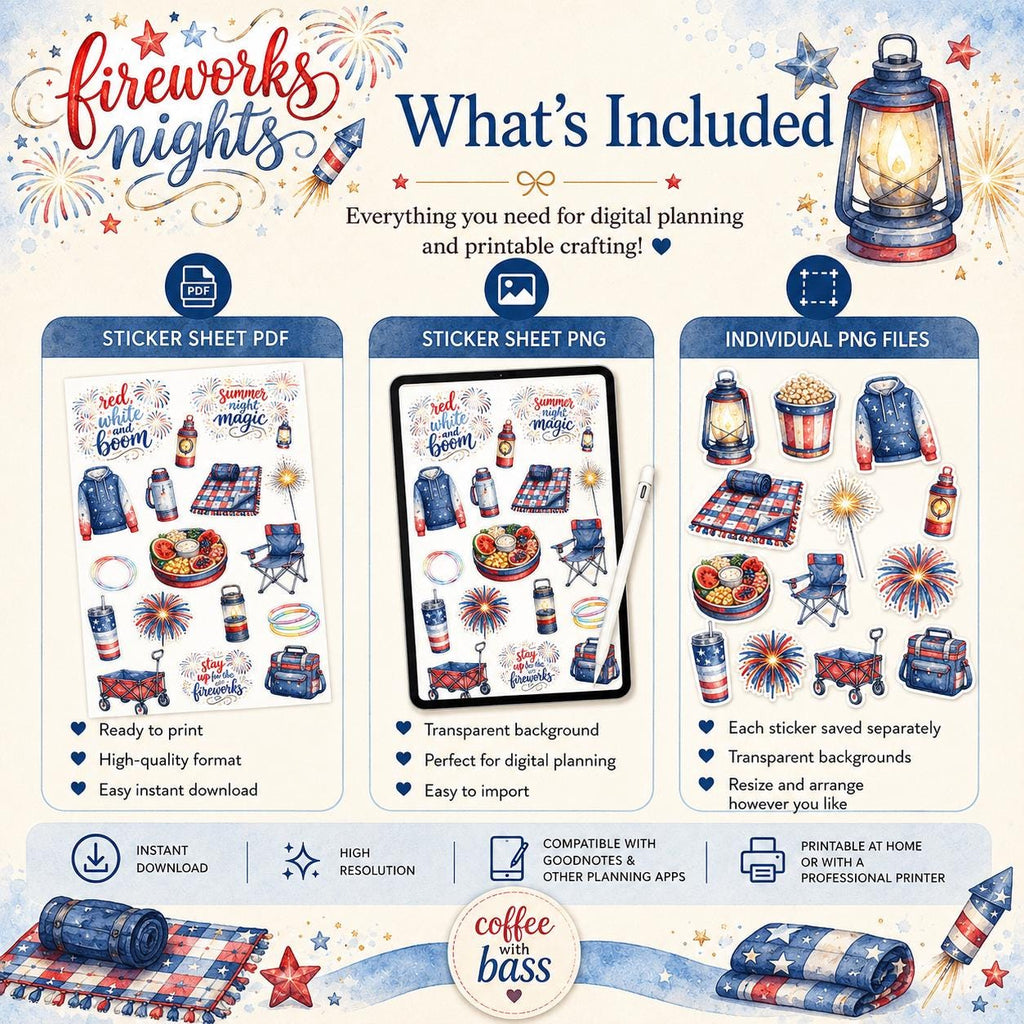 Fireworks Nights Planner Stickers | 4th of July Digital Stickers | Patriotic Summer Planner Stickers | Printable Stickers | Commercial Use