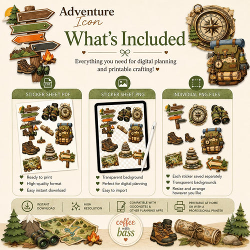 Adventure Icons Printable Planner Stickers | Camping, Hiking, Travel Journal (Digital Download)