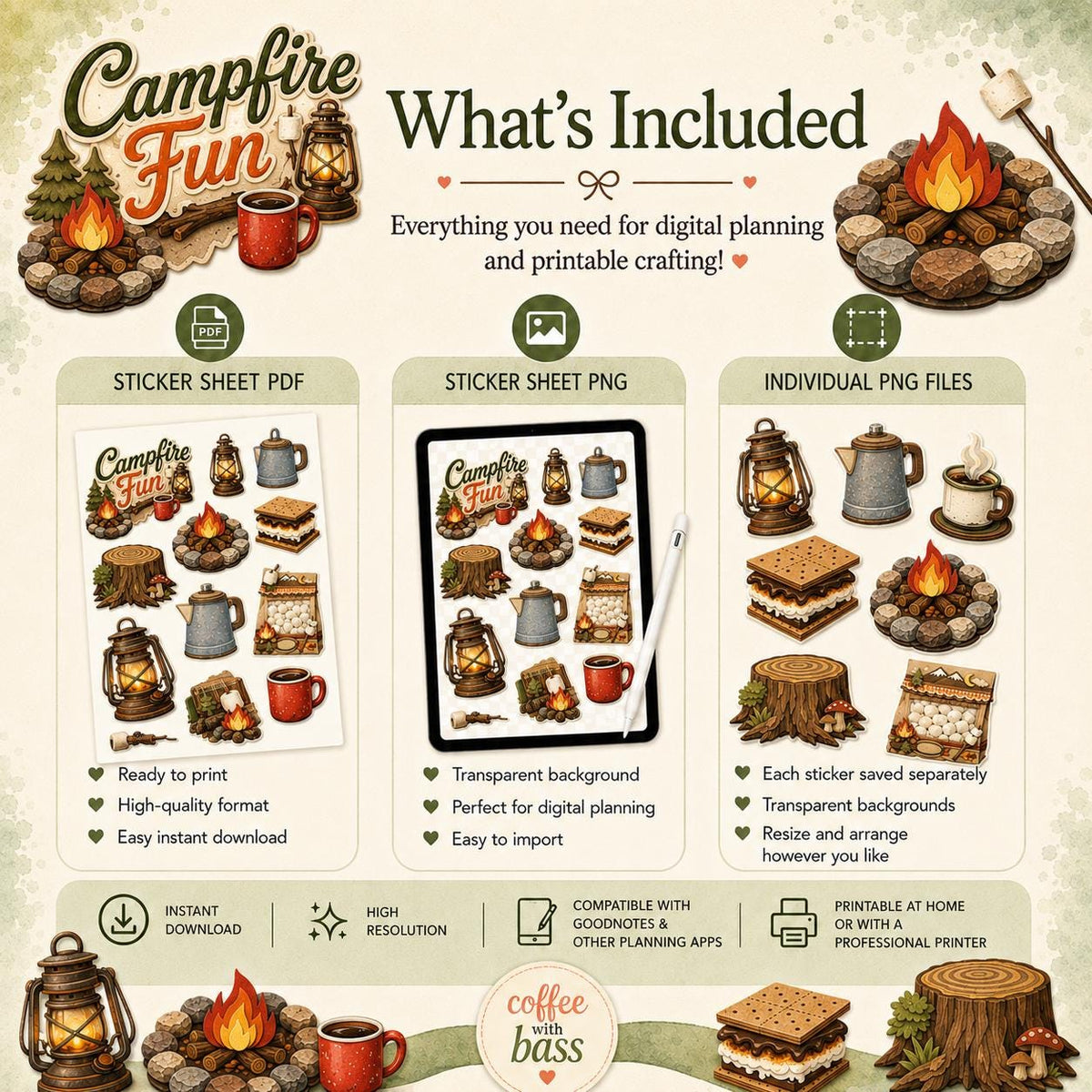 Campfire Planner Stickers Bundle | S'mores, Lantern, Coffee Mug (PNG, PDF)