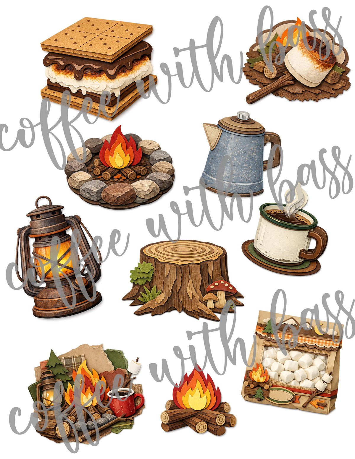 Campfire Planner Stickers Bundle | S'mores, Lantern, Coffee Mug (PNG, PDF)