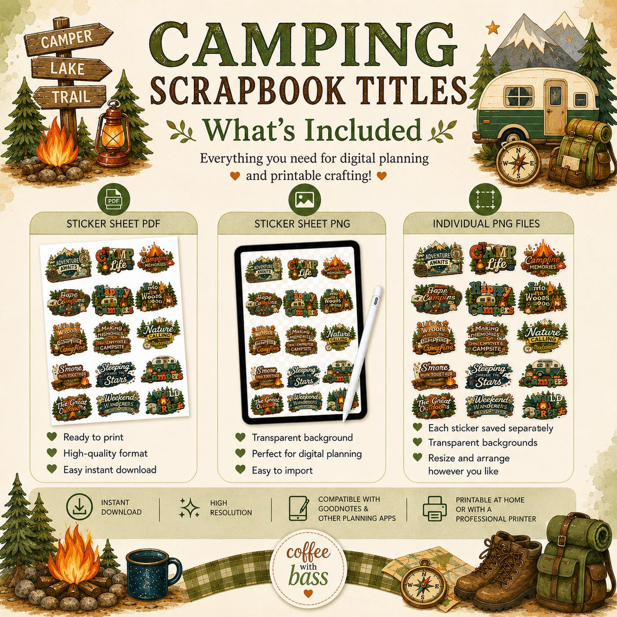 Camping Scrapbook Titles Bundle | Outdoor Adventure Word Art (Digital Download)