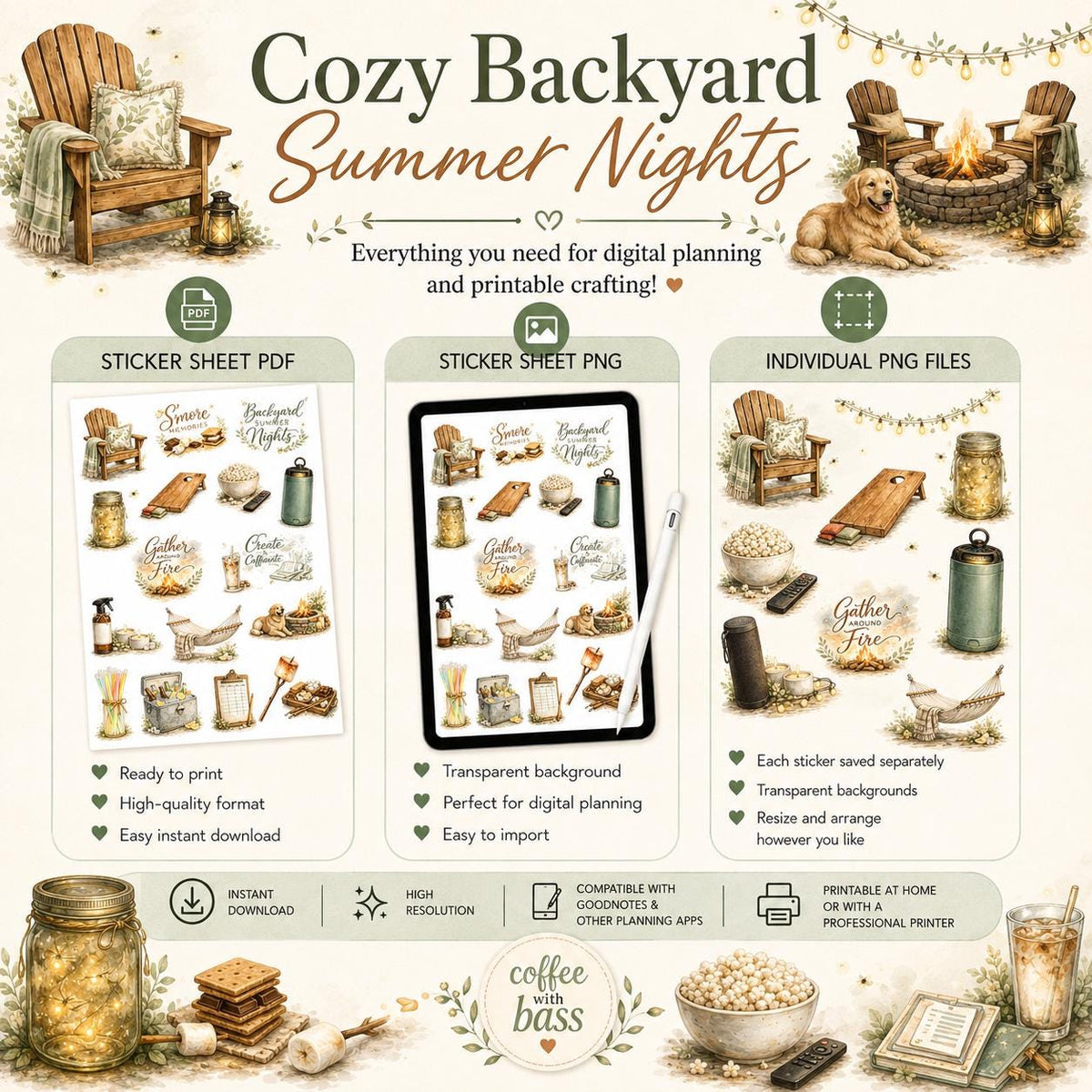 Cozy Backyard Summer Nights Watercolor Stickers | Fireflies, Campfire PNG Bundle (Digital Download)