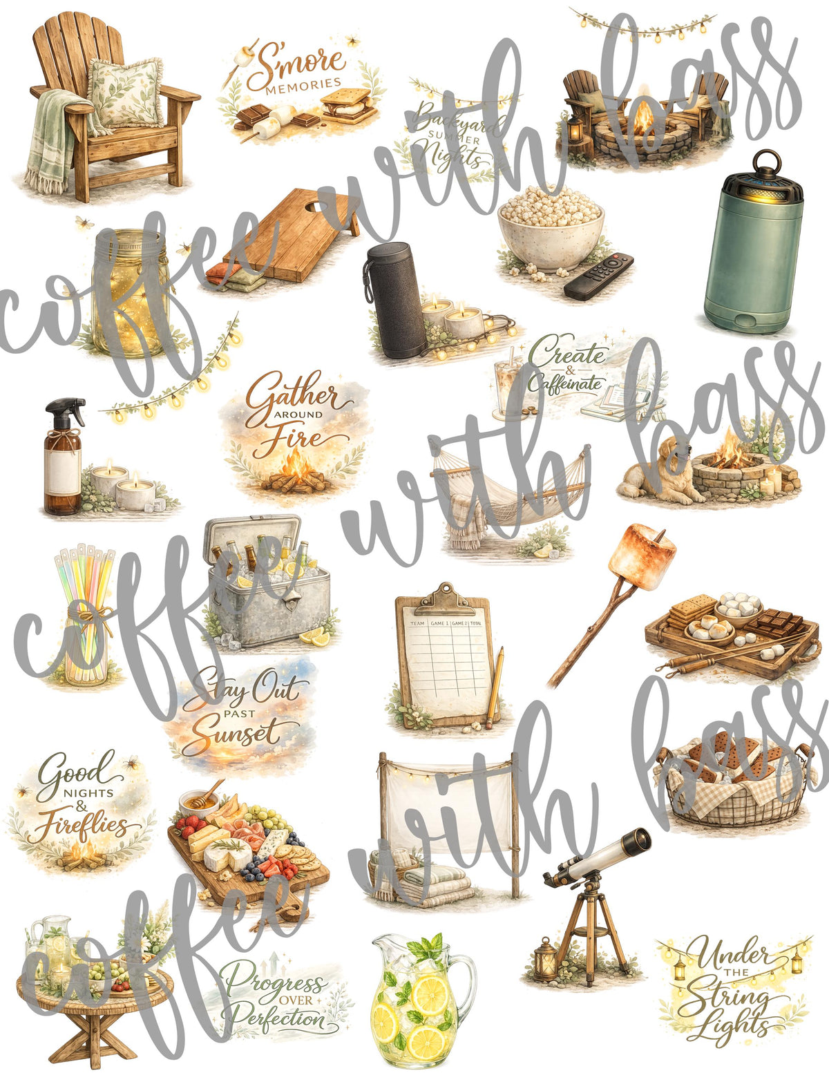 Cozy Backyard Summer Nights Watercolor Stickers | Fireflies, Campfire PNG Bundle (Digital Download)