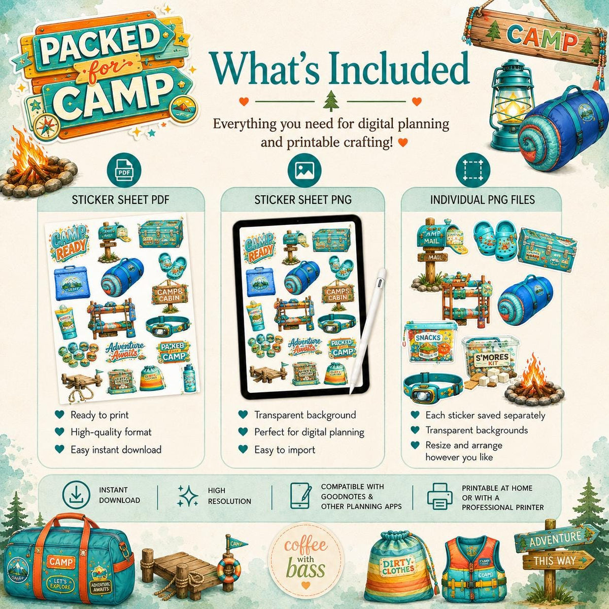 Summer Camp Planner Stickers | Packed, Checklist, Journal Elements (Digital Download)