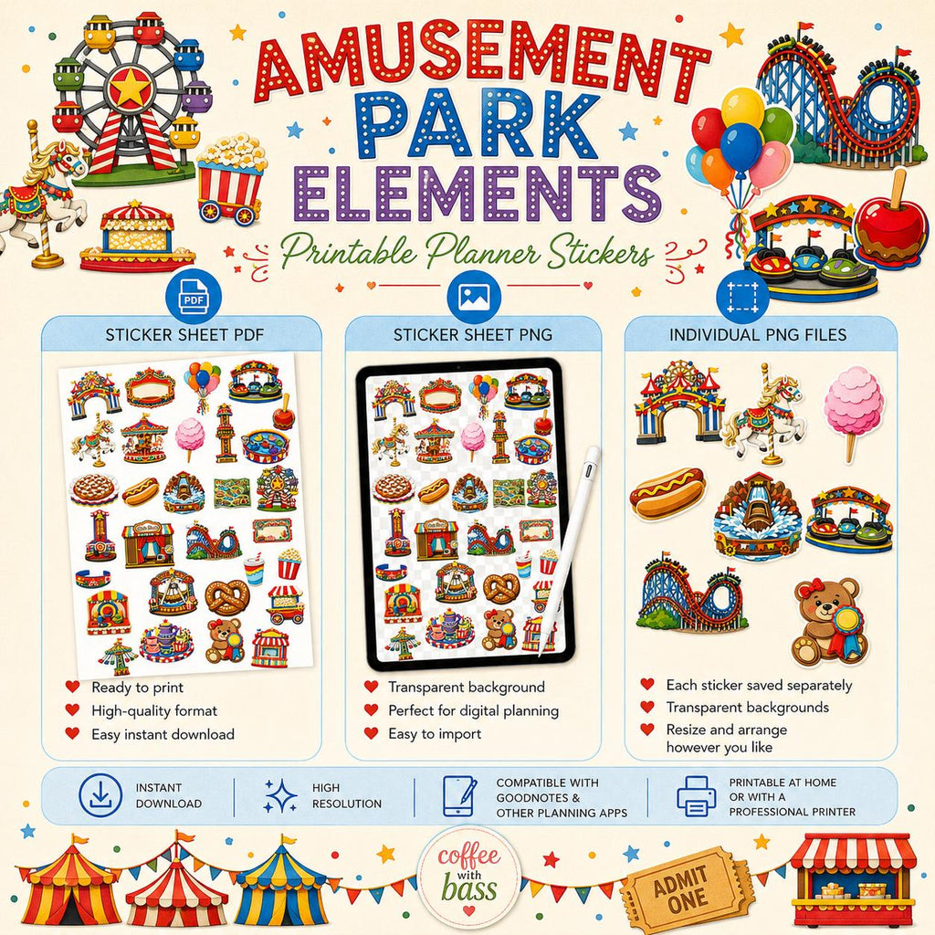 Amusement Park Planner Stickers | Carnival Theme Digital Elements (PNG, PDF Download)