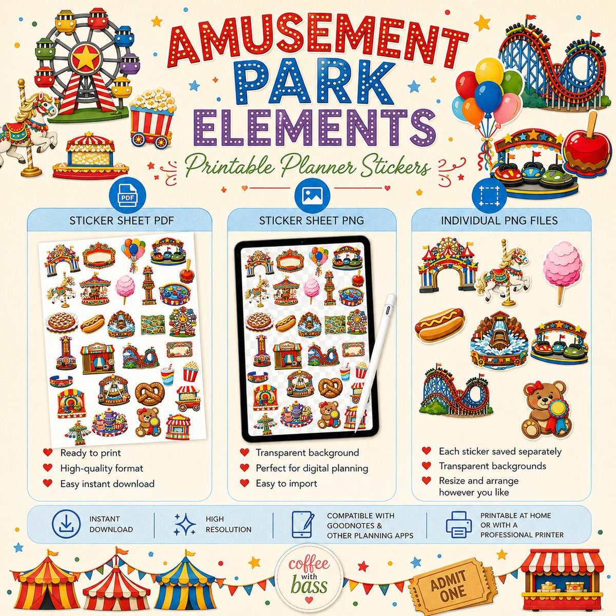 Amusement Park Planner Stickers | Carnival Theme Digital Elements (PNG, PDF Download)
