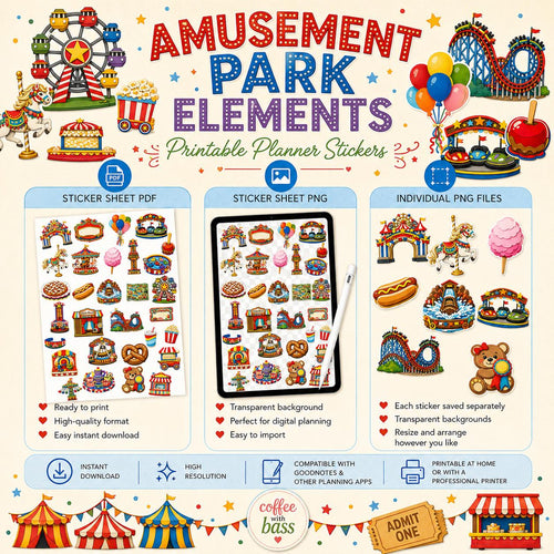Amusement Park Planner Stickers | Carnival Theme Digital Elements (PNG, PDF Download)