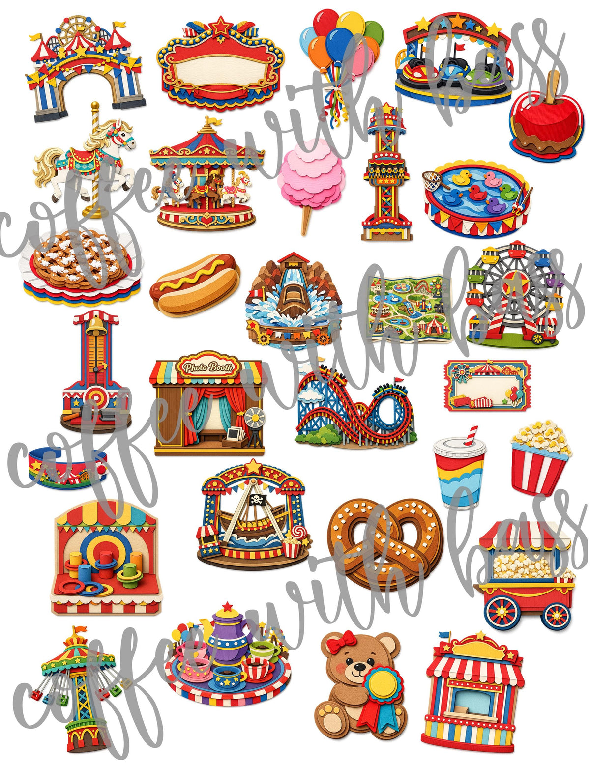 Amusement Park Planner Stickers | Carnival Theme Digital Elements (PNG, PDF Download)