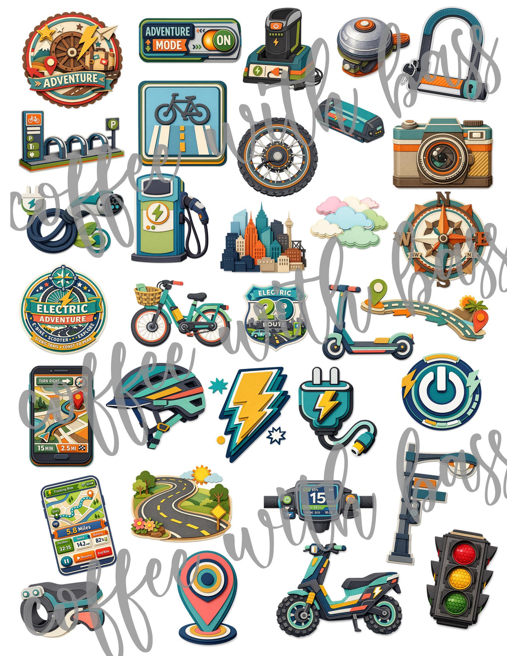 E Bike Scooter Elements PNG Clipart | Electric Mobility Planner Stickers (Digital Download)