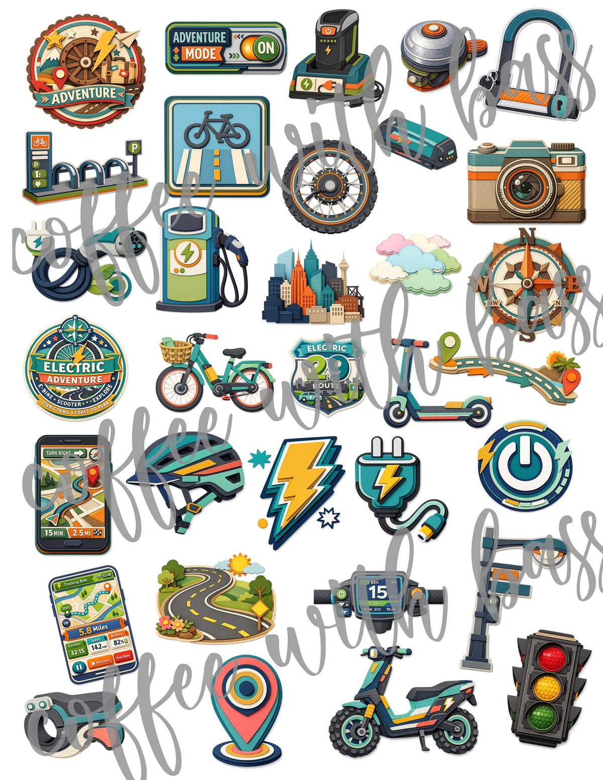 E Bike Scooter Elements PNG Clipart | Electric Mobility Planner Stickers (Digital Download)