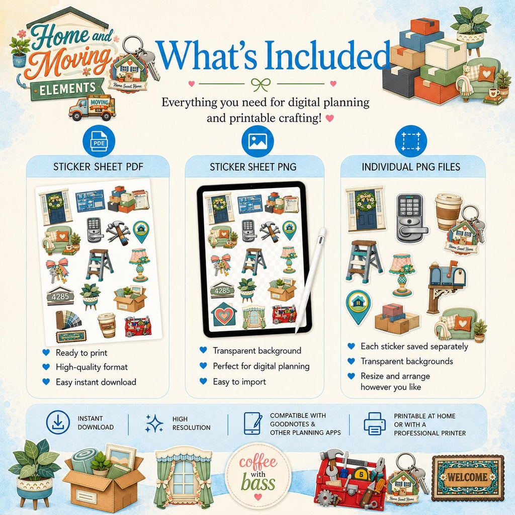 Home & Moving Elements PNG Clipart | Printable Planner Stickers (Digital Download)