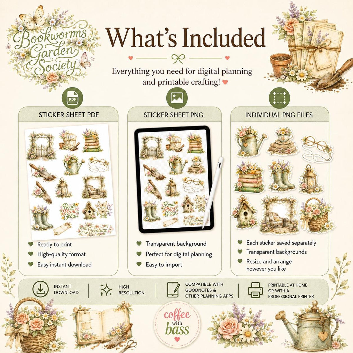 Bookworms Garden Society Printable Stickers | Cottagecore Floral Reading Journal (PNG PDF)