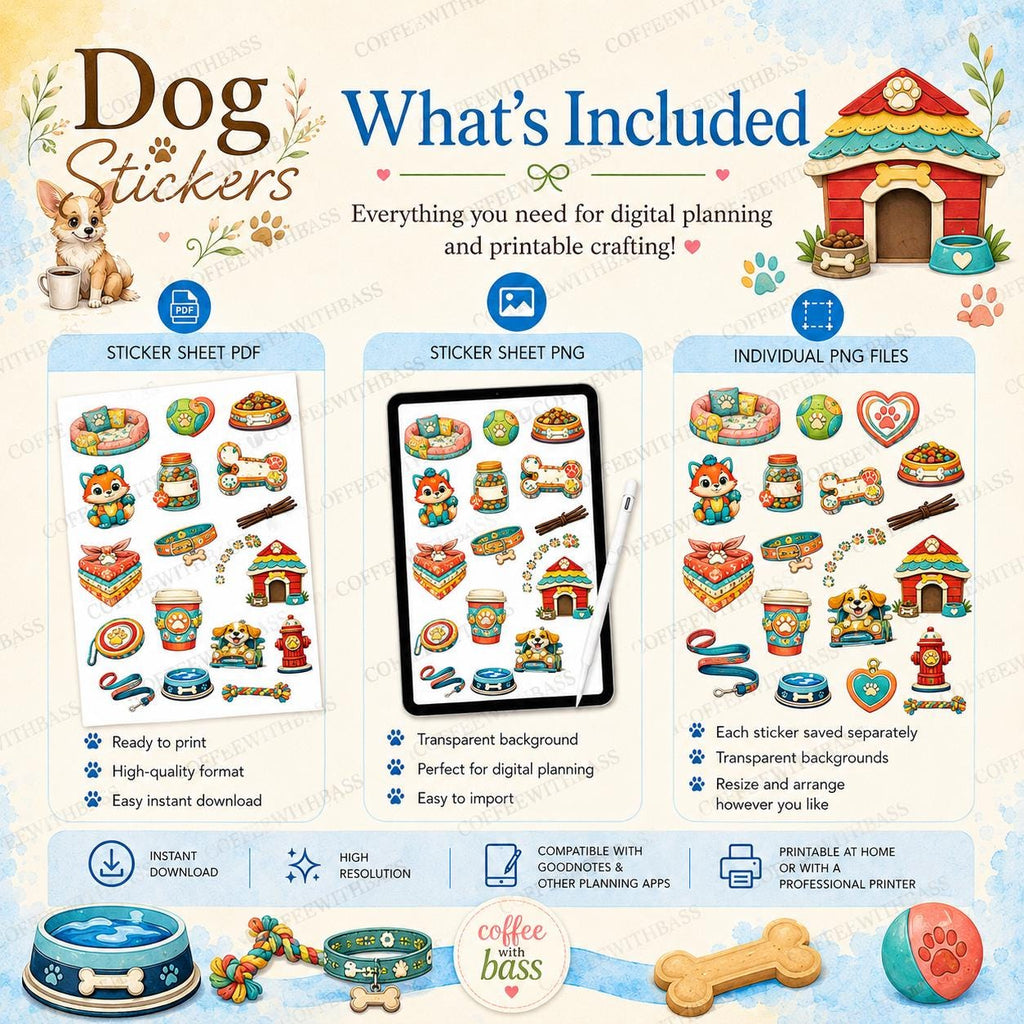 Dog Planner Stickers PNG Bundle | Printable Pet Journal Decor (Digital Download)