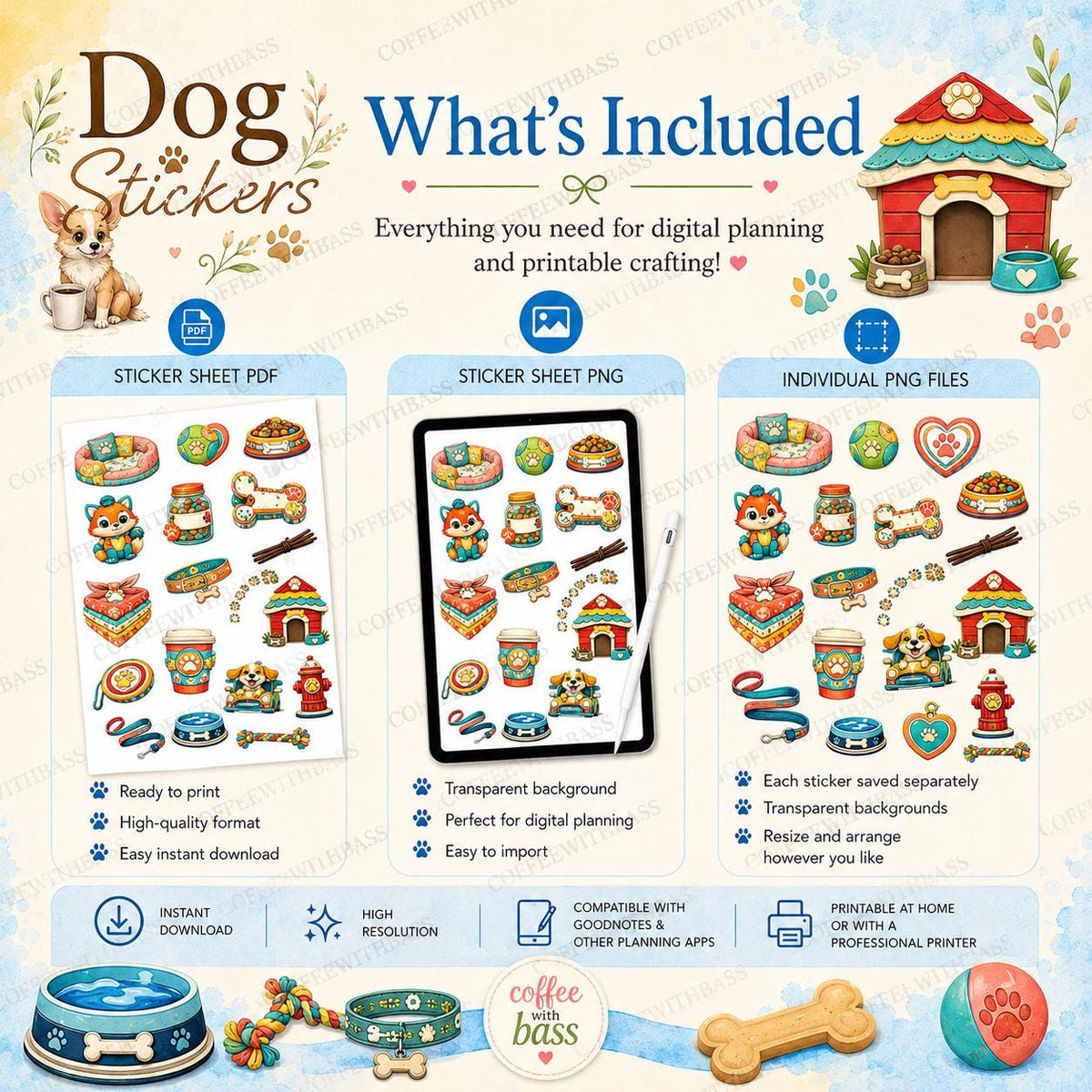 Dog Planner Stickers PNG Bundle | Printable Pet Journal Decor (Digital Download)