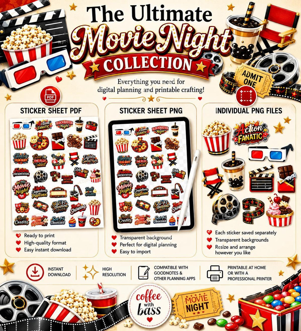 Movie Night Clipart PNG Bundle | 24 Elements, 17 Word Art Titles (Digital Download)