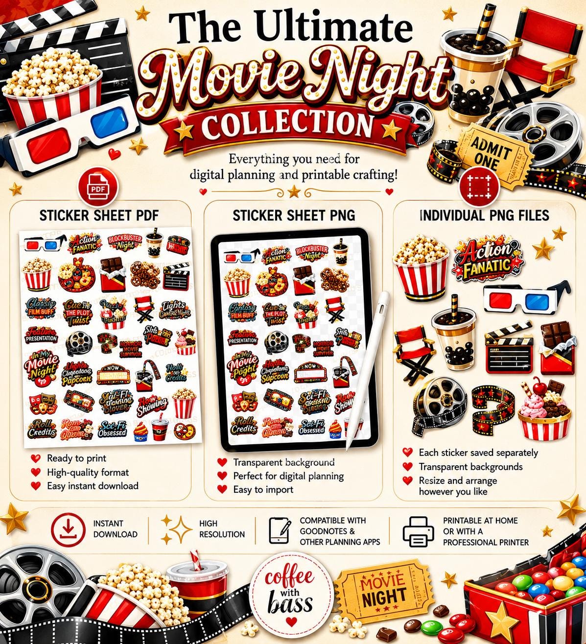 Movie Night Clipart PNG Bundle | 24 Elements, 17 Word Art Titles (Digital Download)