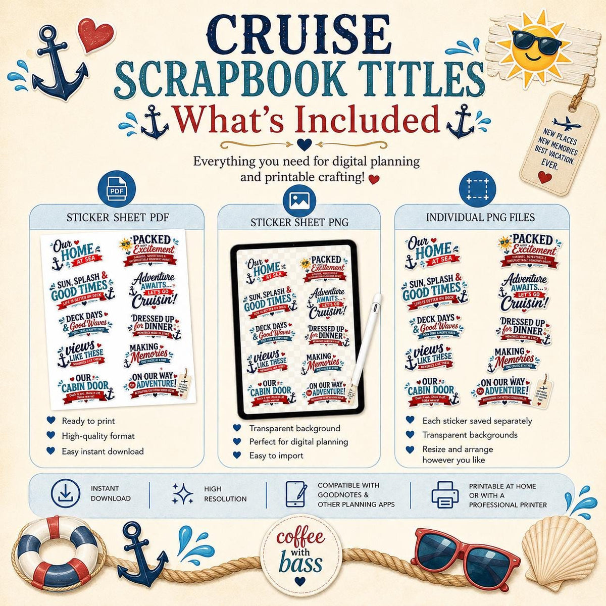 Cruise Scrapbook Titles PNG | Vacation Memory Planner Stickers (Digital Download) | Commercial Use