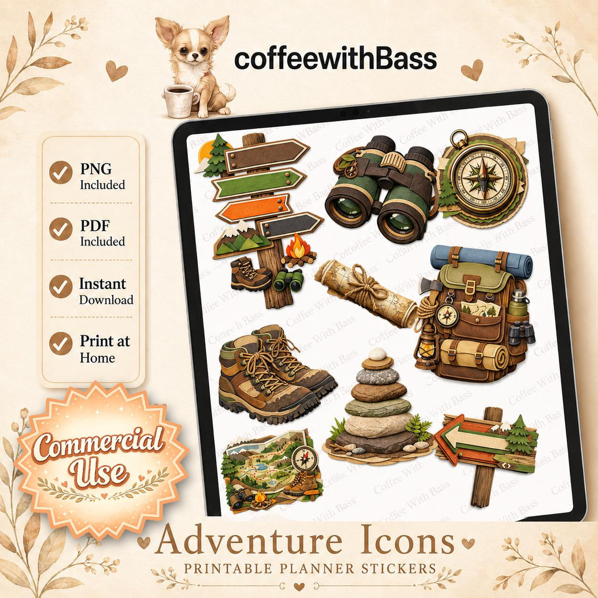 Adventure Icons Printable Planner Stickers | Camping, Hiking, Travel Journal (Digital Download)