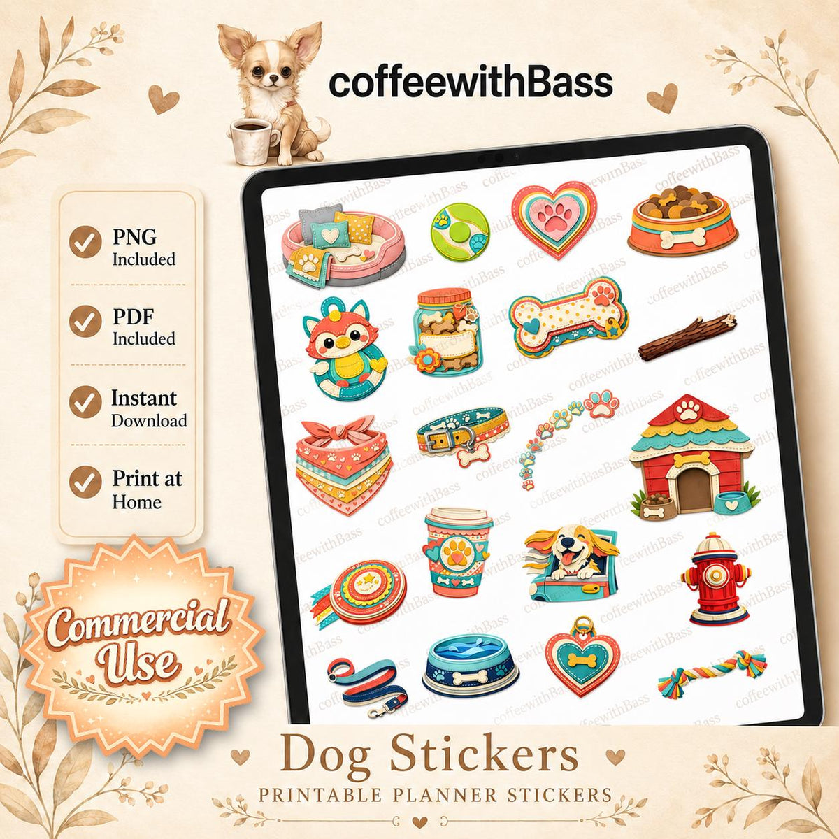 Dog Planner Stickers PNG Bundle | Printable Pet Journal Decor (Digital Download)