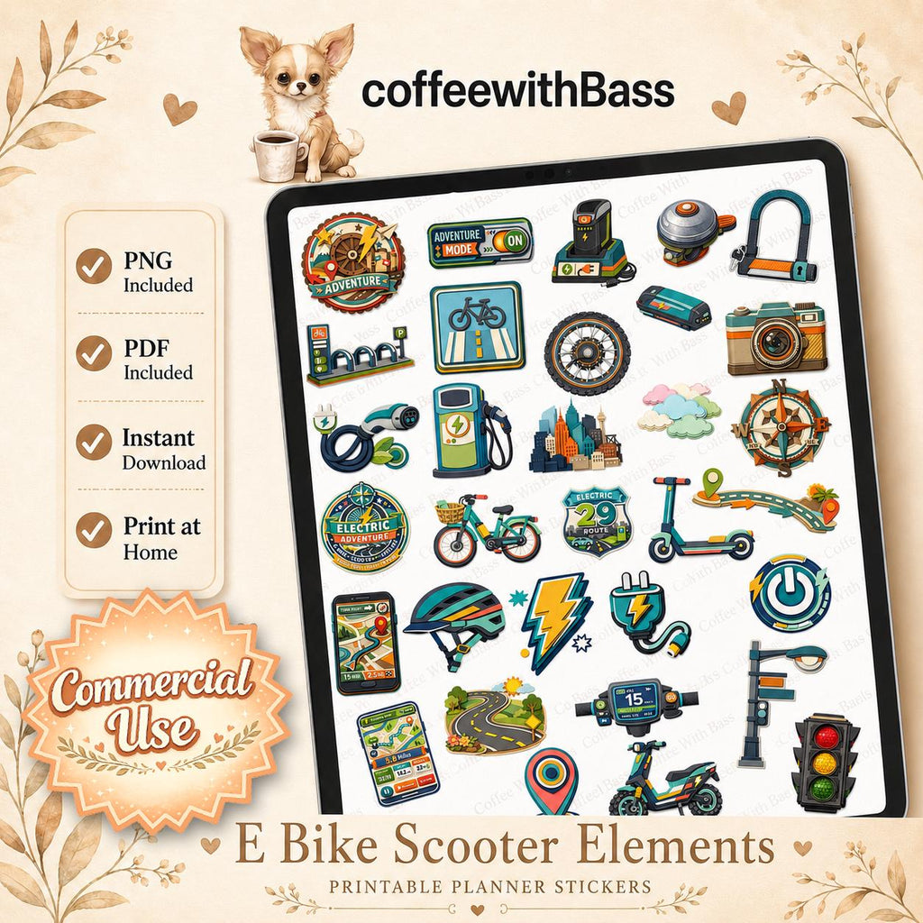 E Bike Scooter Elements PNG Clipart | Electric Mobility Planner Stickers (Digital Download)