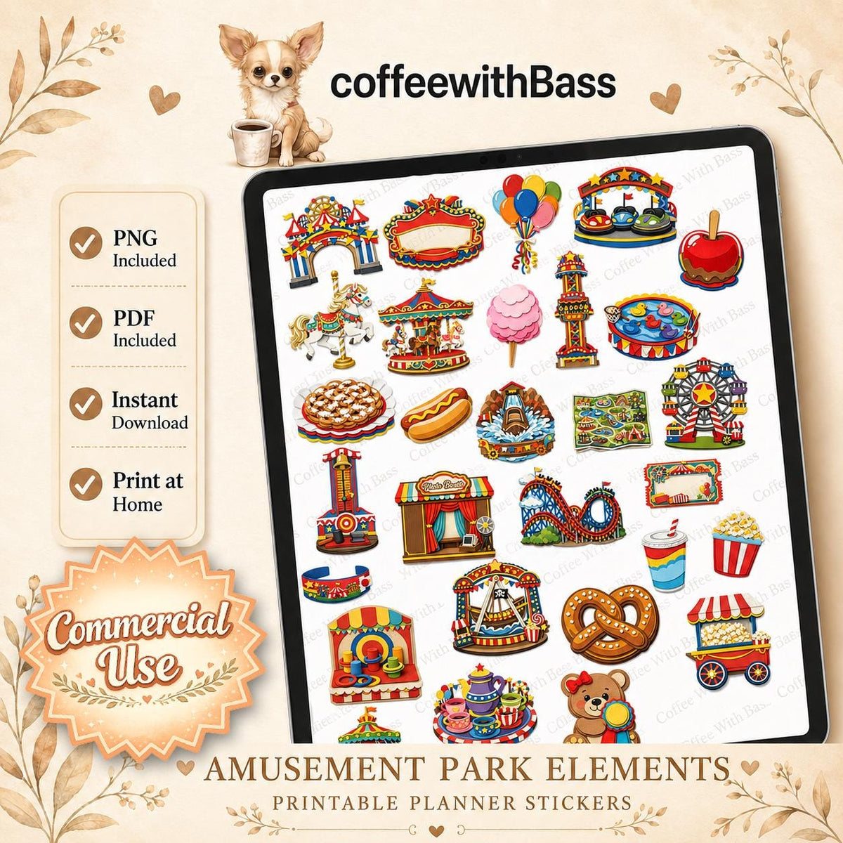 Amusement Park Planner Stickers | Carnival Theme Digital Elements (PNG, PDF Download)