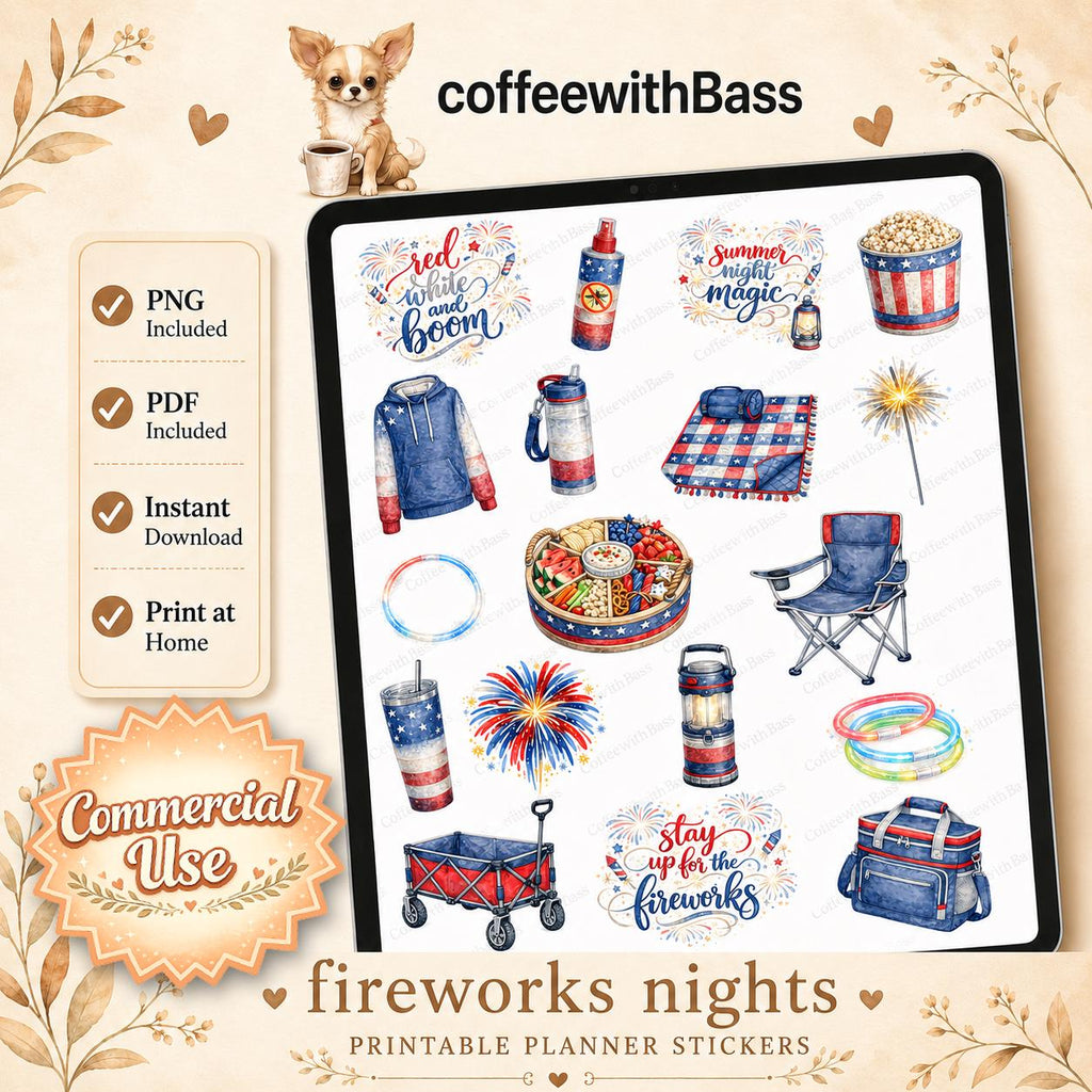 Fireworks Nights Planner Stickers | 4th of July Digital Stickers | Patriotic Summer Planner Stickers | Printable Stickers | Commercial Use
