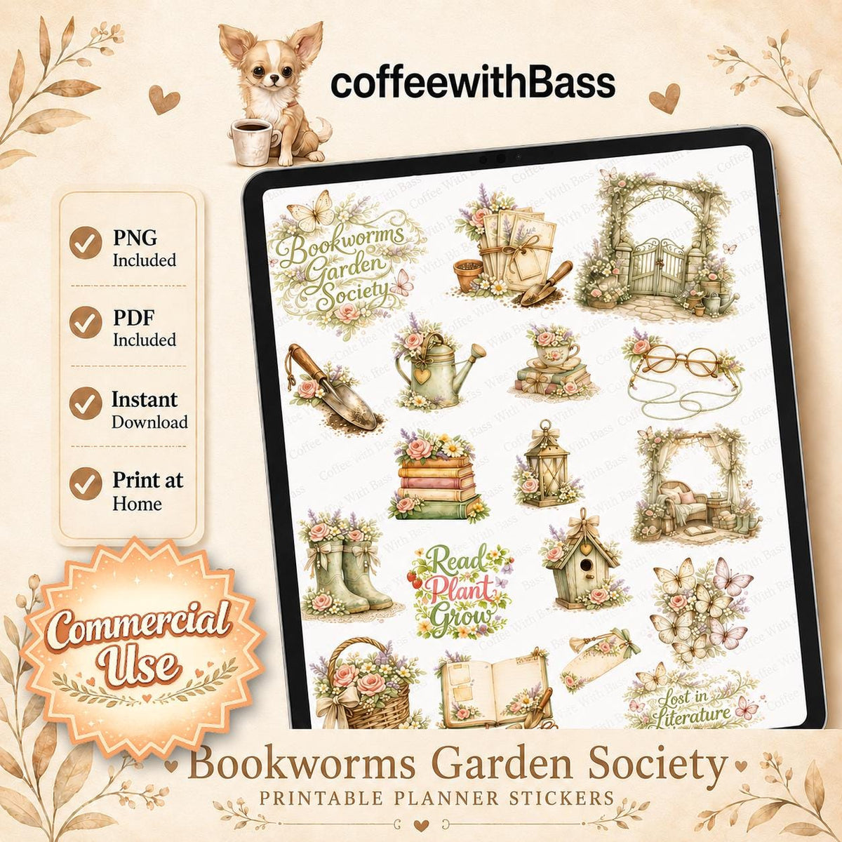 Bookworms Garden Society Printable Stickers | Cottagecore Floral Reading Journal (PNG PDF)