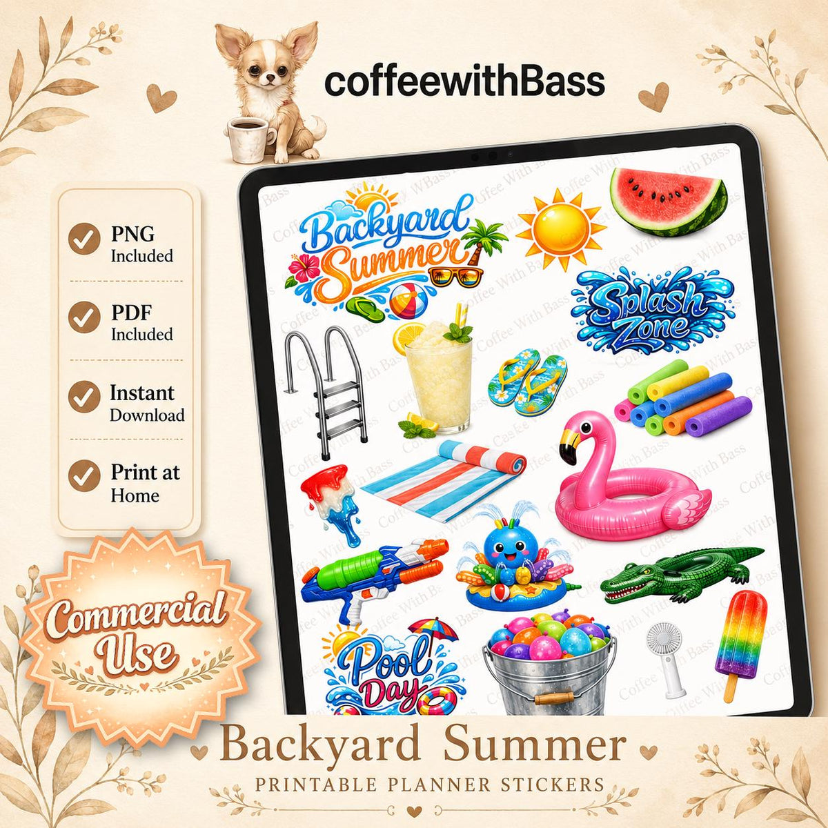 Backyard Summer Planner Stickers | Pool Day, Vacation Fun (PNG, PDF)