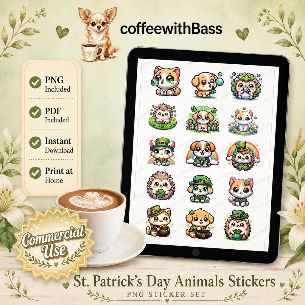 Saint Patrick's Day Kawaii Animal Stickers (Digital Download), Commercial Use