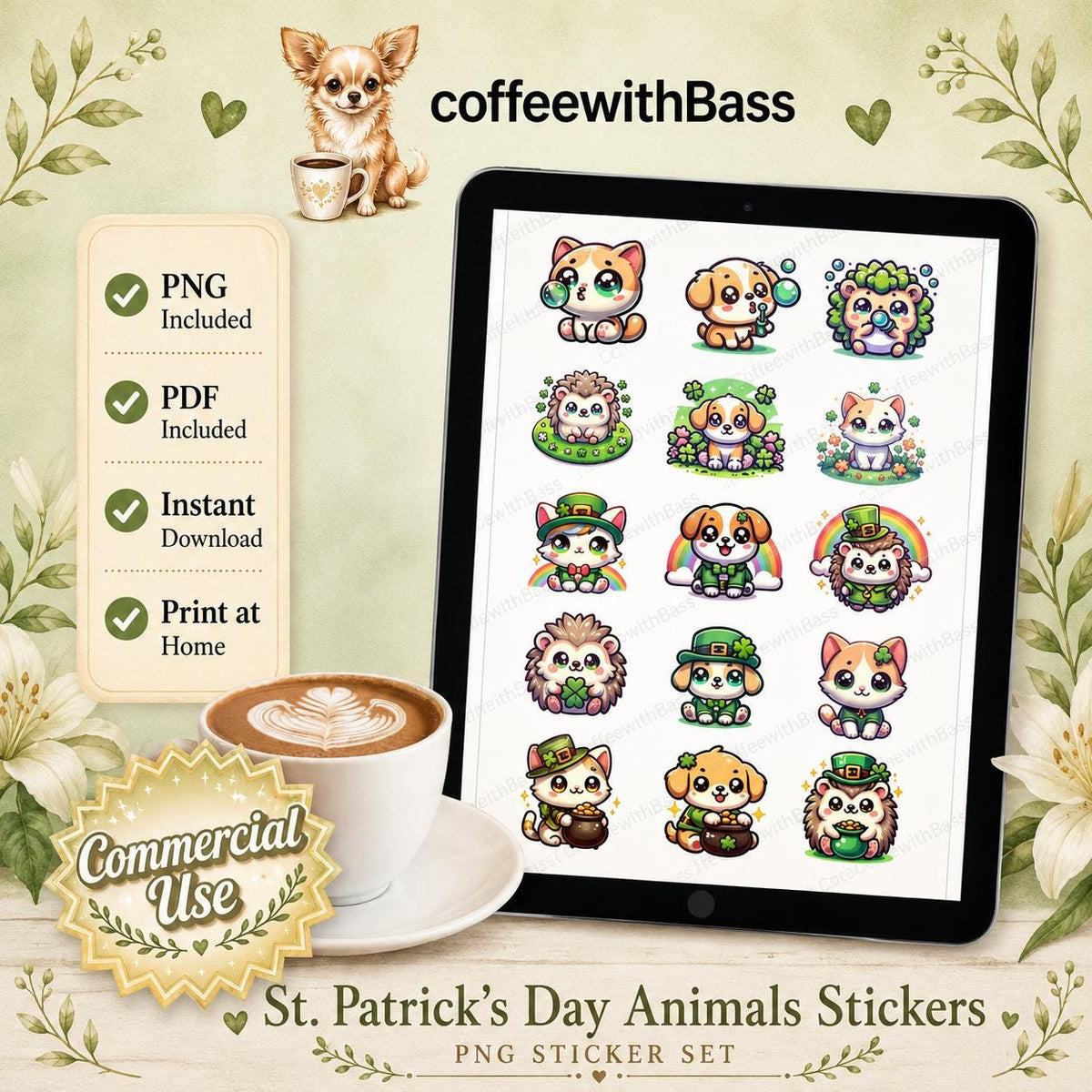 Saint Patrick's Day Kawaii Animal Stickers (Digital Download), Commercial Use