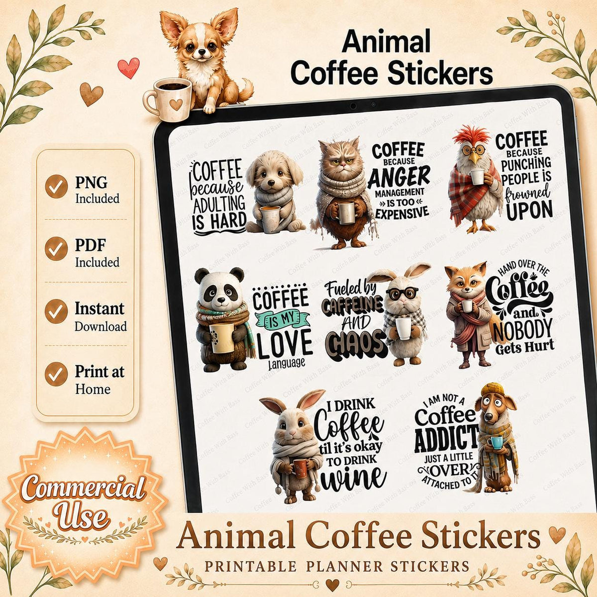 Animal Coffee Stickers, Goodnotes Stickers, PNG (Digital Download) | Commercial Use