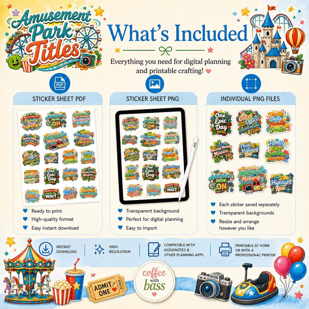 Amusement Park Titles PNG Bundle | Family Vacation Planner Stickers (Digital Download)