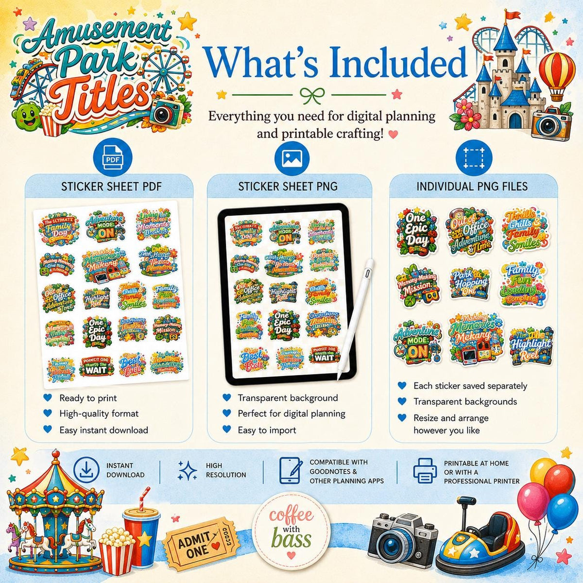 Amusement Park Titles PNG Bundle | Family Vacation Planner Stickers (Digital Download)