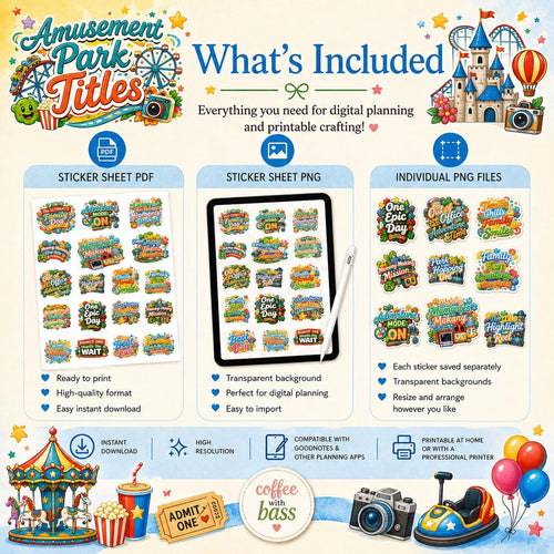 Amusement Park Titles PNG Bundle | Family Vacation Planner Stickers (Digital Download)
