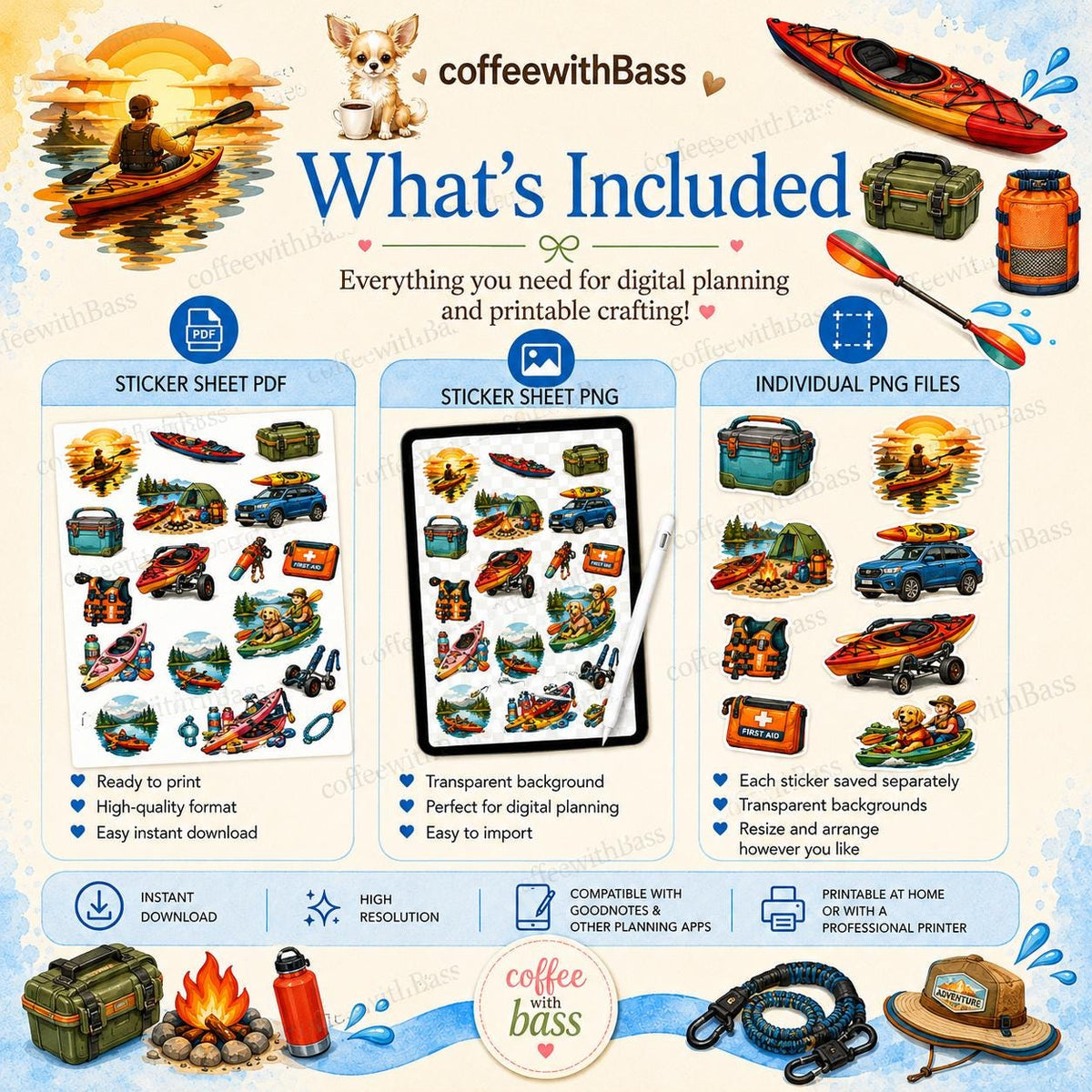 Kayaking Planner Stickers Bundle | Outdoor Adventure Clipart (Digital Download)
