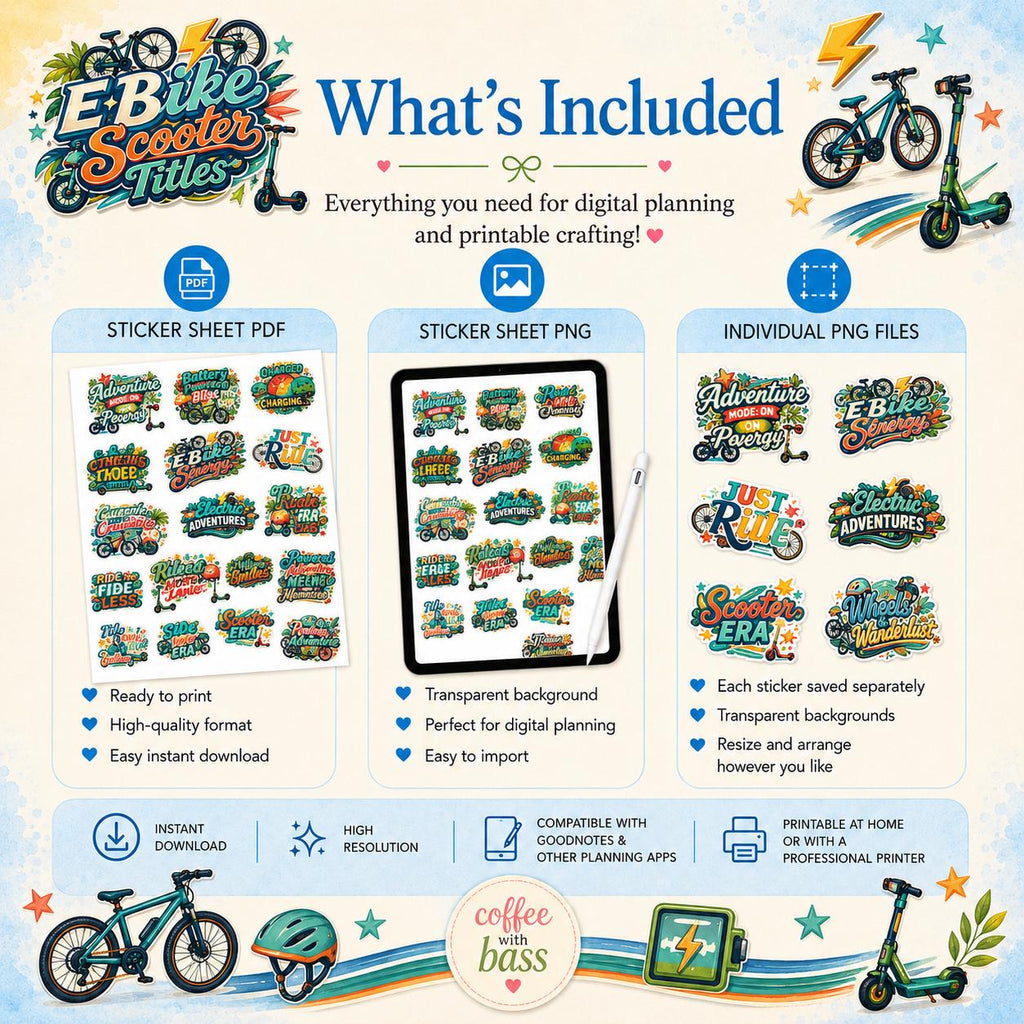 E Bike Scooter Title Stickers | PNG, PDF Digital Download (Commercial Use)