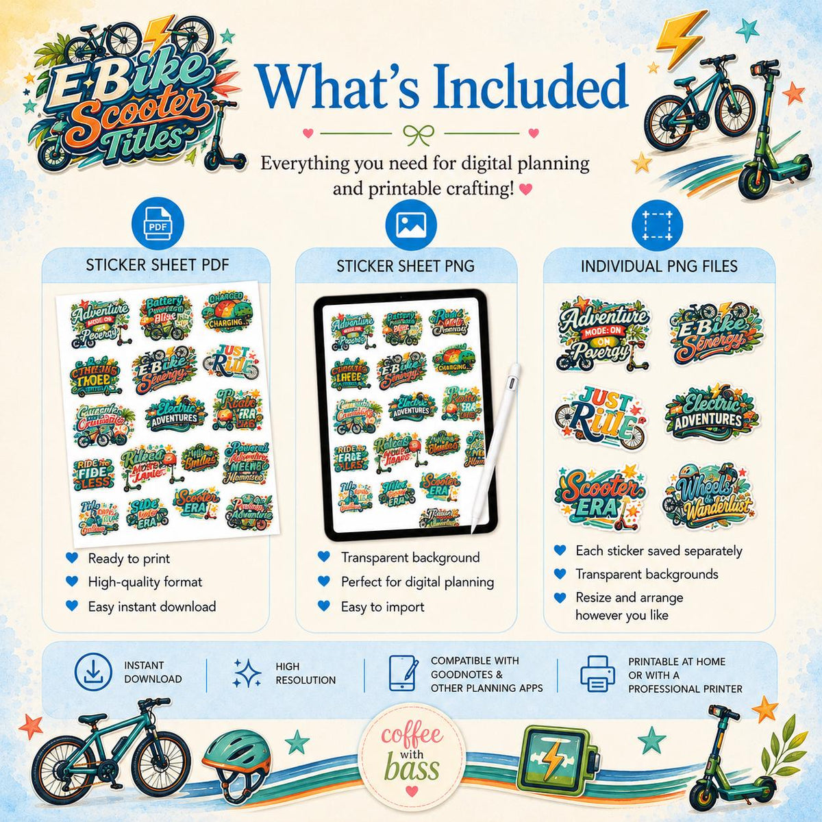 E Bike Scooter Title Stickers | PNG, PDF Digital Download (Commercial Use)